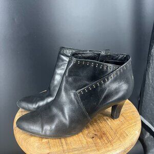 Clarks Artisan Womens black leather bootie, small studs detail, heeled